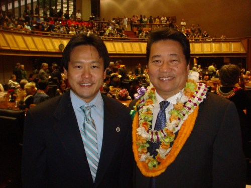 Honolulu Deputy Prosecuting Attorney Jon Riki Karamatsu and Representative Kyle Yamashita on the House floor at the Hawaii State Capitol on Wednesday, January 16, 2013 for the 2013 Hawaii Legislative Opening Day.