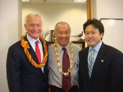 Honolulu Mayor Kirk Caldwell, Hawaii Speaker Calvin K.Y. Say, and Honolulu Deputy Prosecuting Attorney Jon Riki Karamatsu at Say's office at the Hawaii State Capitol on Wednesday, January 16, 2013 for the 2013 Hawaii Legislative Opening Day.