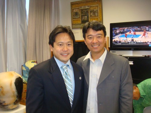 Honolulu Deputy Prosecuting Attorney Jon Riki Karamatsu and Hawaii Lieutenant Governor Shan Tsutsui in Hawaii Senator Ron Kouchi's office at the Hawaii State Capitol on Wednesday, January 16, 2013 for the 2013 Hawaii Legislative Opening Day.